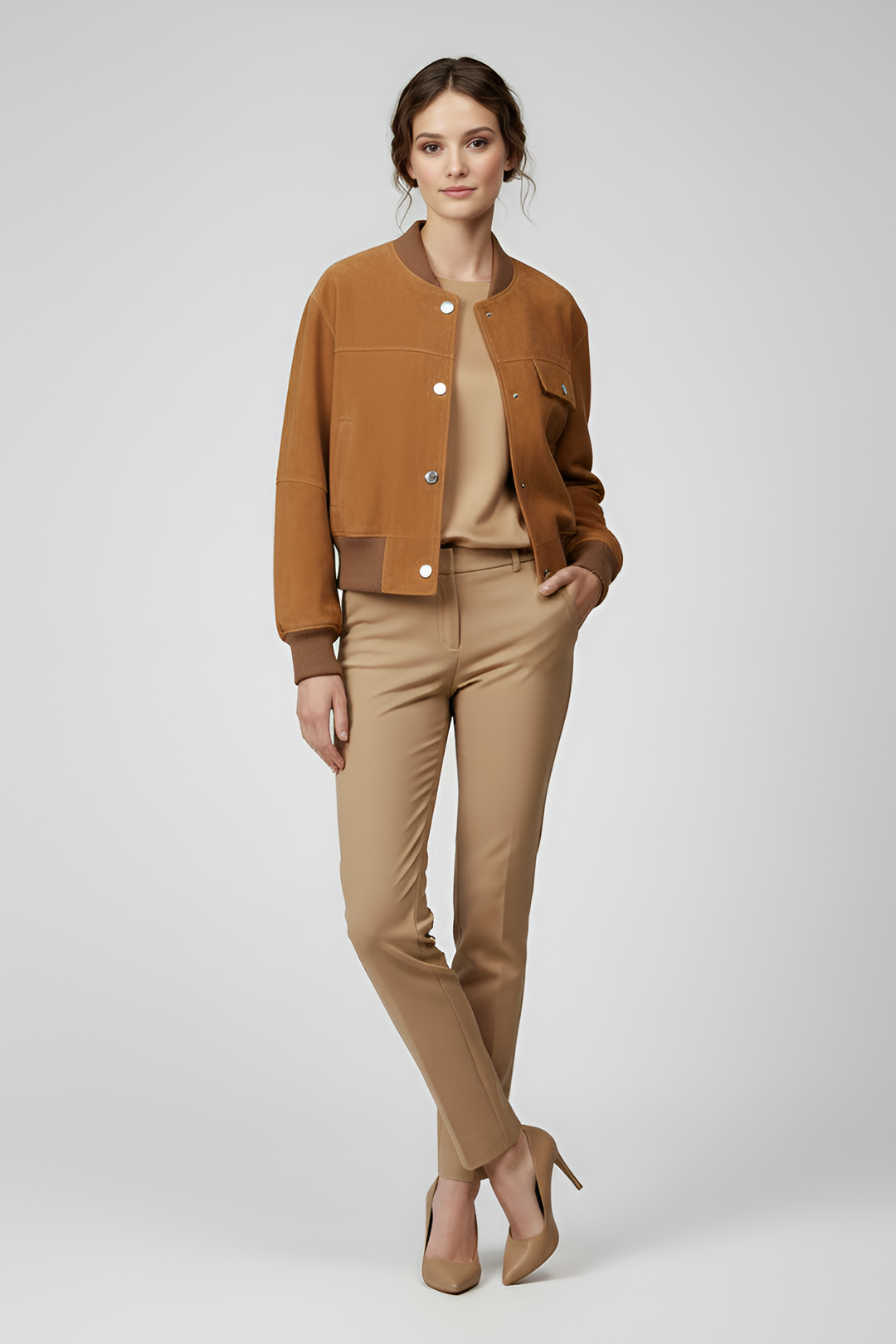 PRESLEY - camel suede bomber jacket, hand in pocket