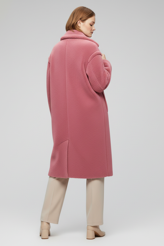 Person wearing a pink coat on a plain background