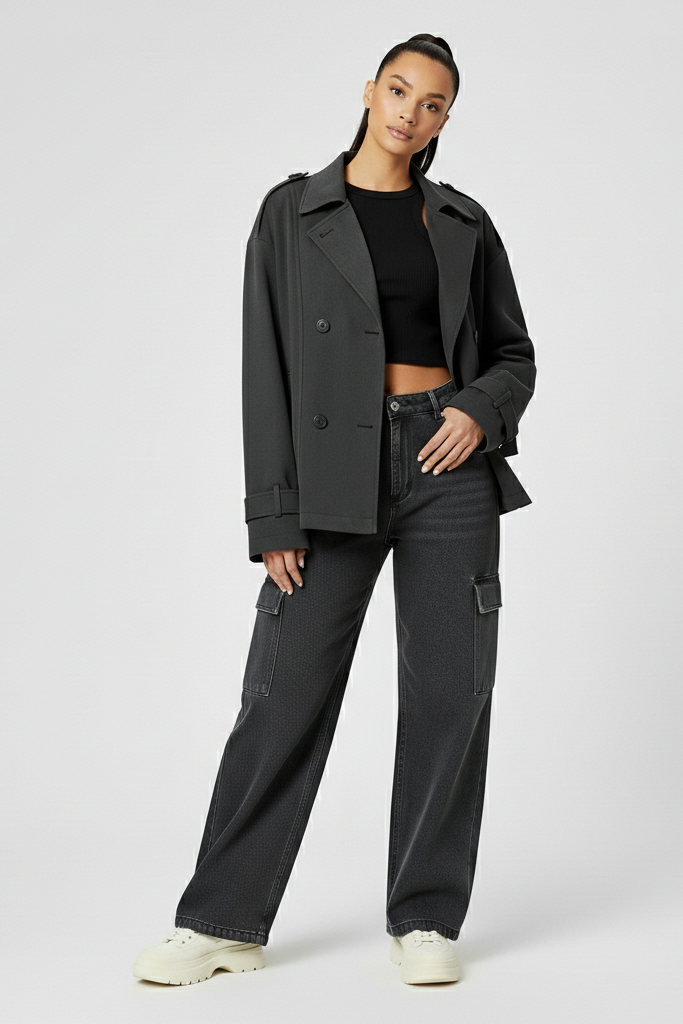 Person wearing a black coat and pants on a white background