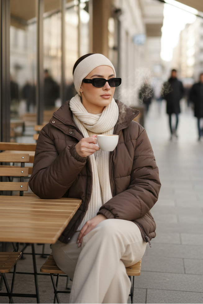 Person sitting outdoors holding a cup, wearing sunglasses and a headband.