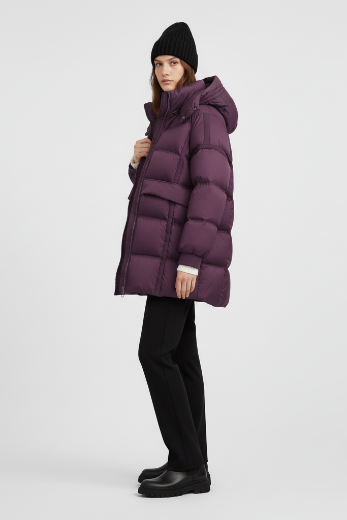 Person wearing a Purple puffer coat on a plain background