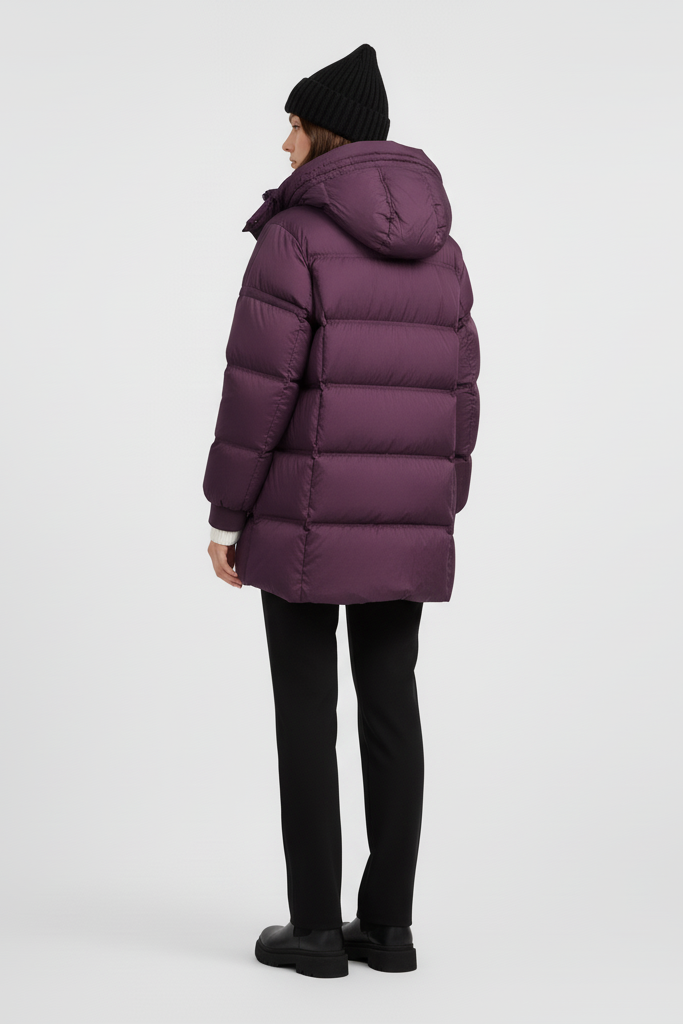 Person wearing a Purple puffer coat on a plain background