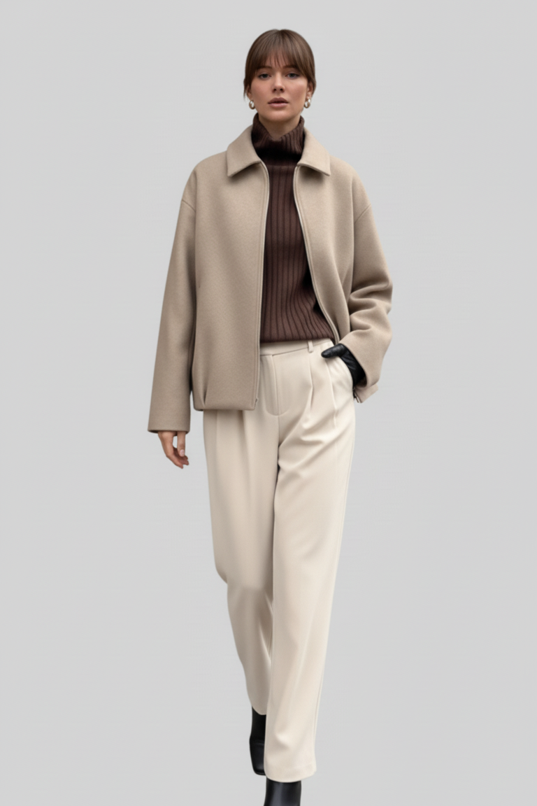 Person wearing a beige coat, brown sweater, and beige pants on a light gray background