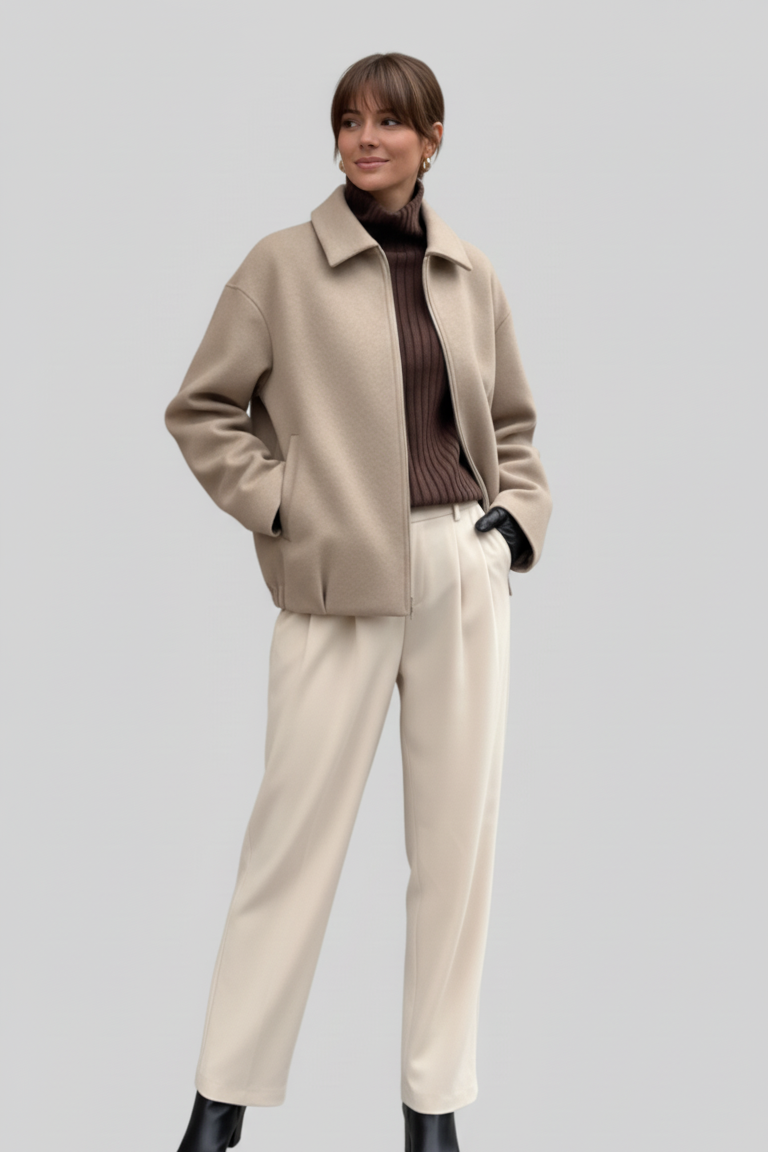 Person wearing a beige coat, brown sweater, and white pants on a light gray background