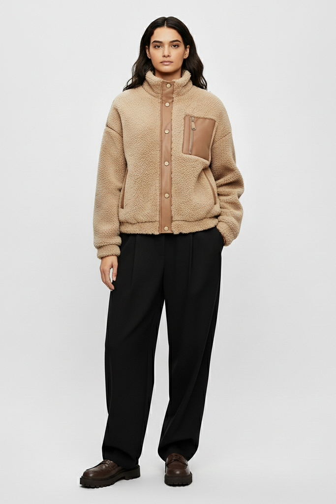 Person wearing a beige fleece jacket with brown accents on a white background