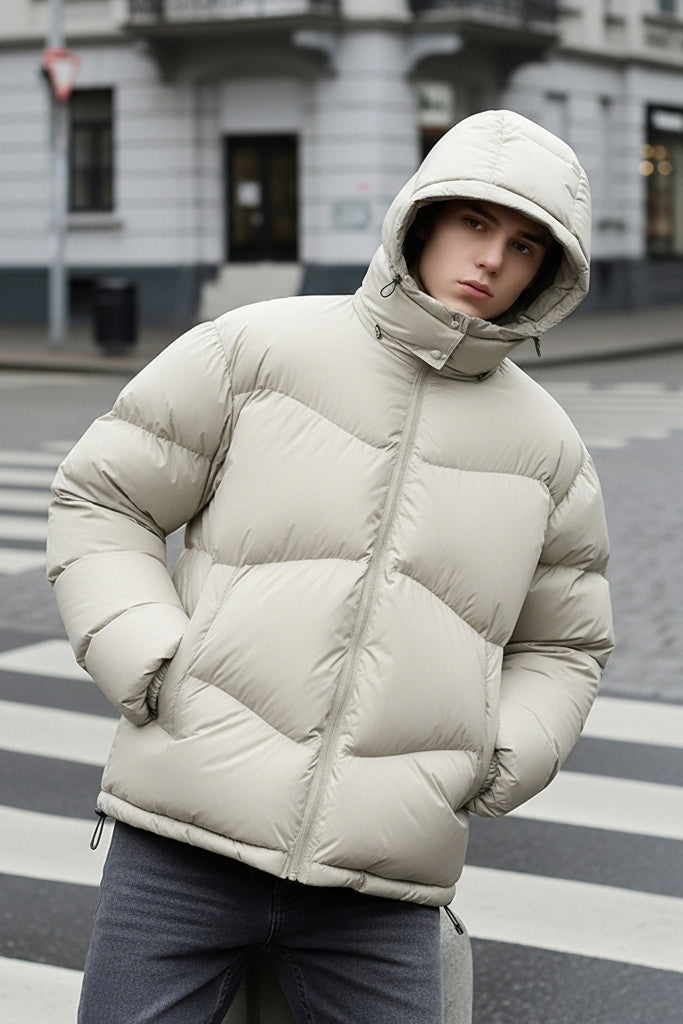 Person wearing a beige puffer jacket on a city street