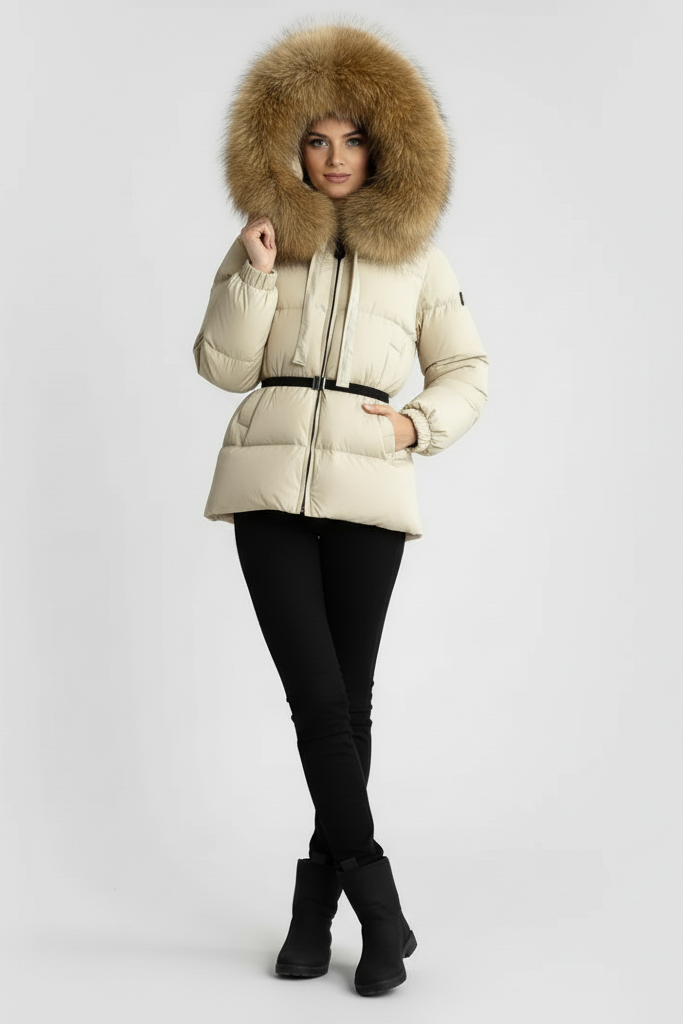 Person wearing a beige puffer jacket with a fur-lined hood on a white background