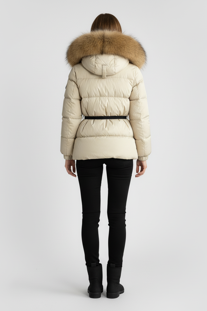 Person wearing a beige puffer jacket with a fur-lined hood on a white background