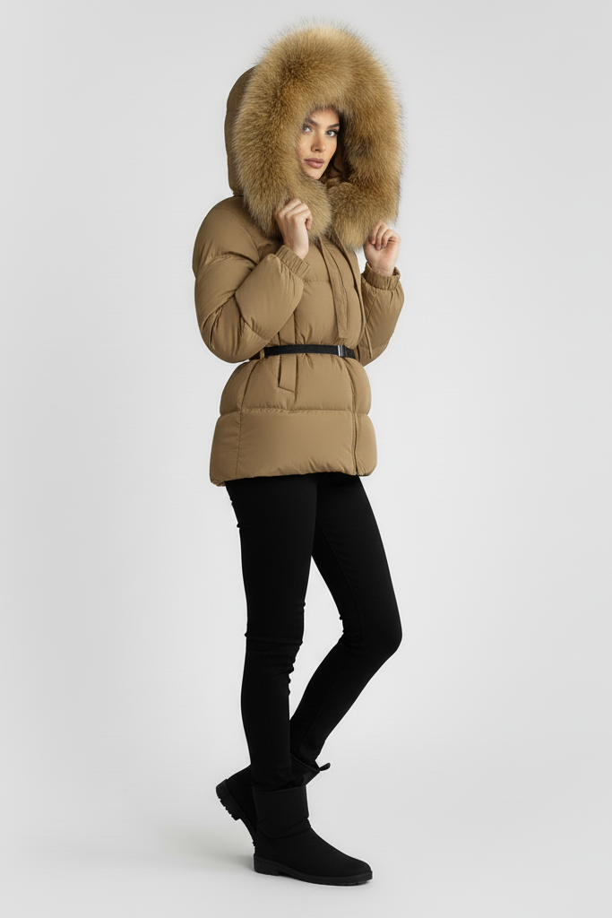 Person wearing a beige puffer jacket with a fur-lined hood on a white background