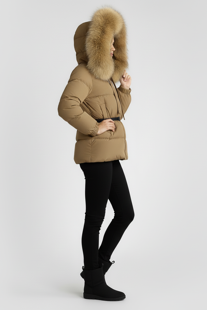 Person wearing a beige puffer jacket with a fur-lined hood on a white background
