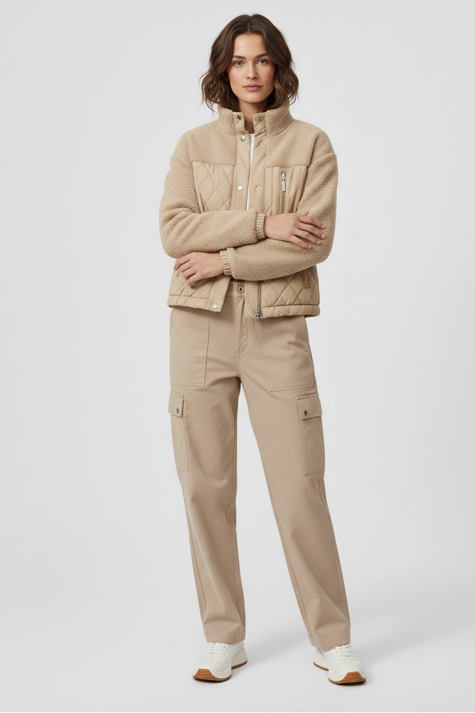 Person wearing a beige quilted jacket and cargo pants on a white background