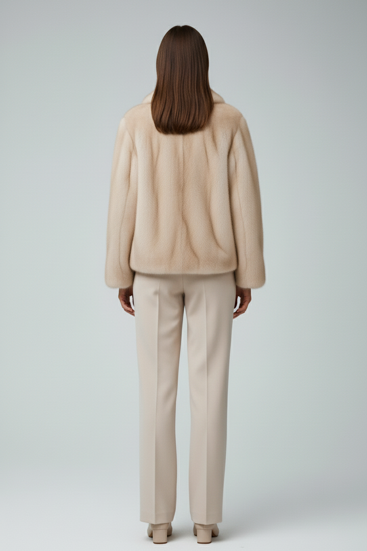 Person wearing a beige suit on a plain background