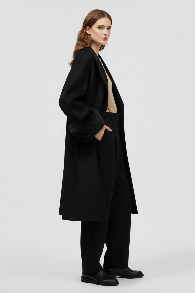 Person wearing a black coat and pants on a light gray background