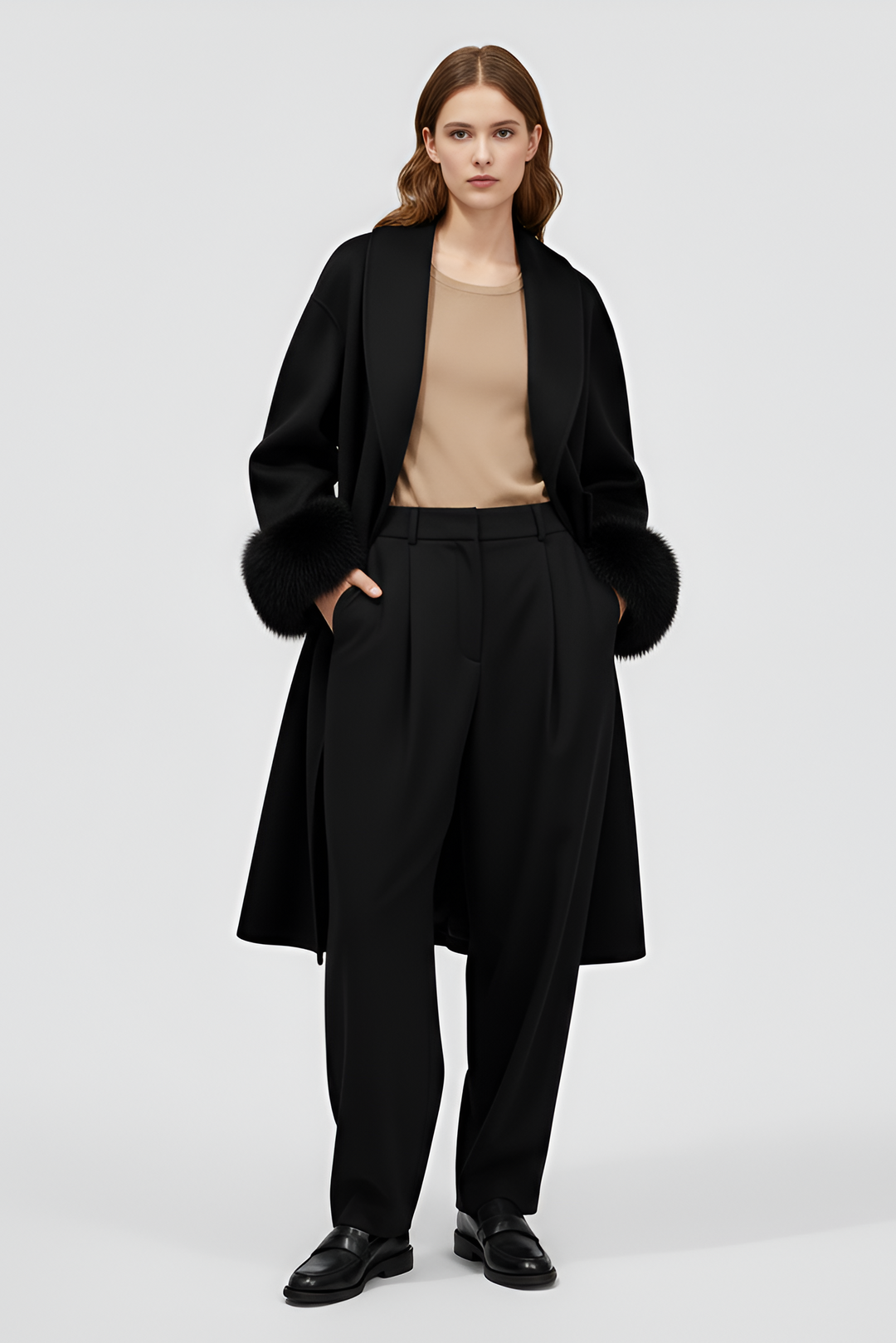 Person wearing a black coat and pants with a beige top on a light gray background