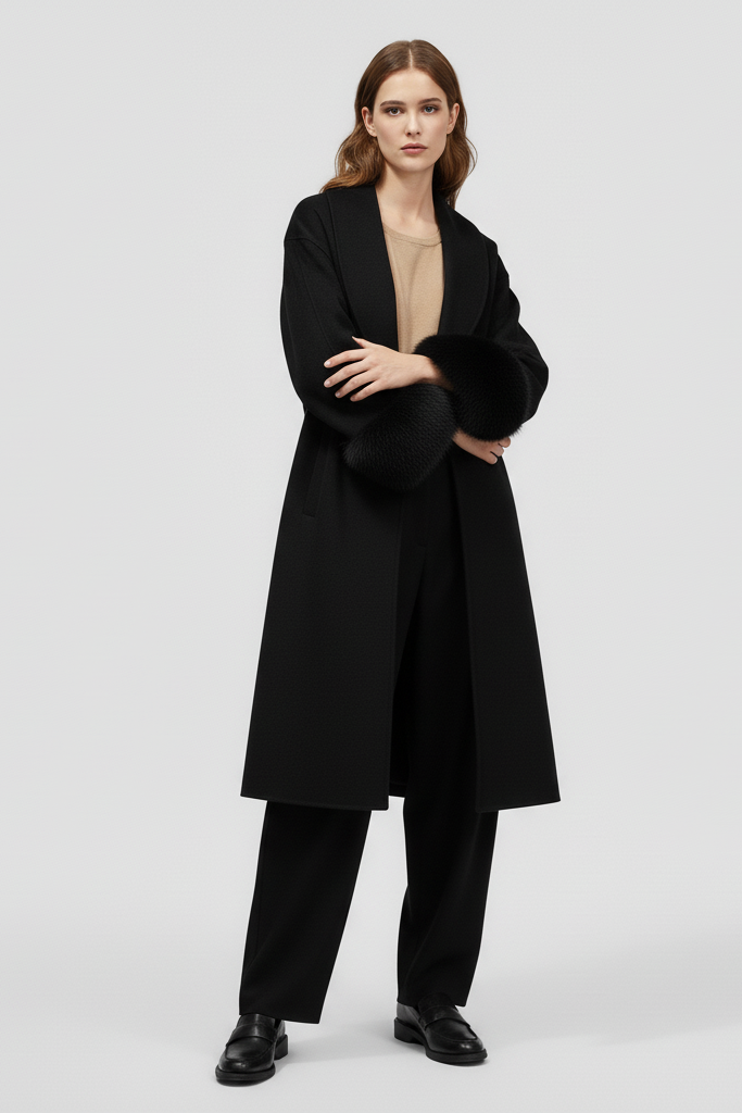 Person wearing a black coat on a white background