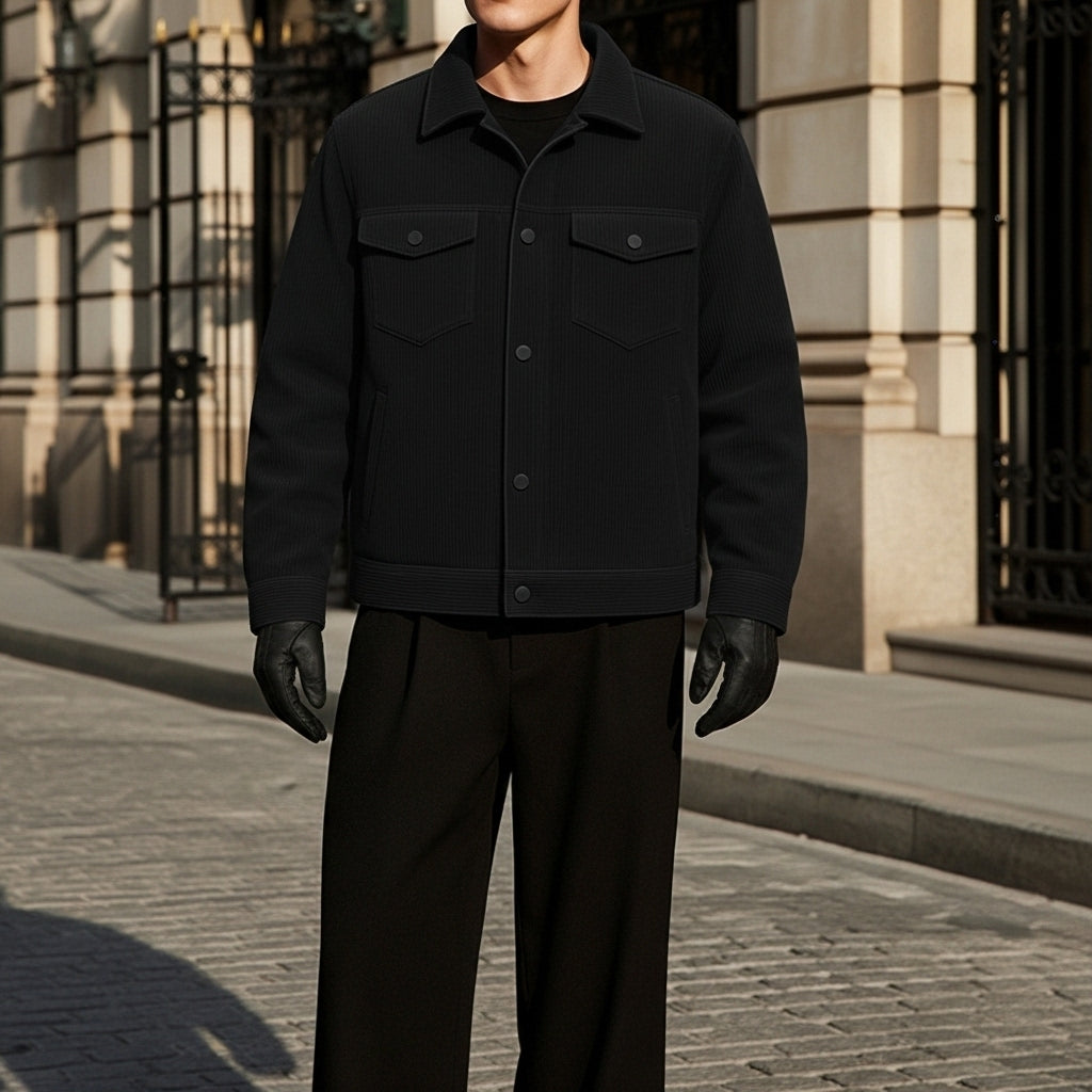 Person wearing a black jacket and gloves standing on a street.