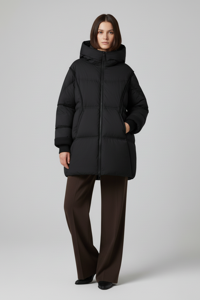 Person wearing a black puffer coat on a white background