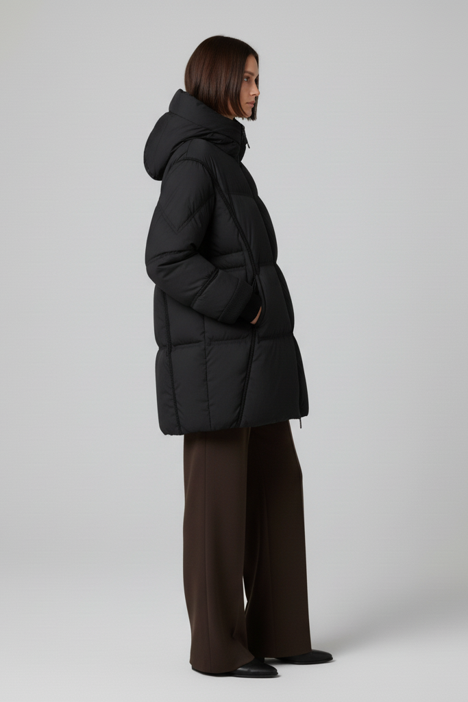Person wearing a black puffer coat on a white background