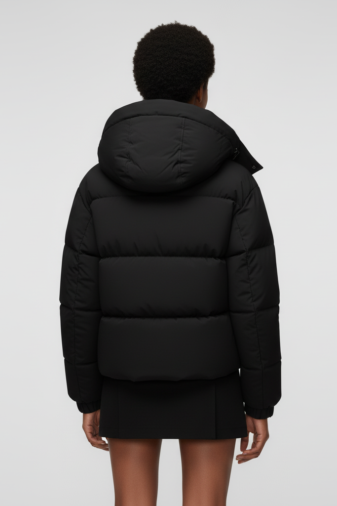 Person wearing a black puffer jacket and blue jeans against a light-colored wall.