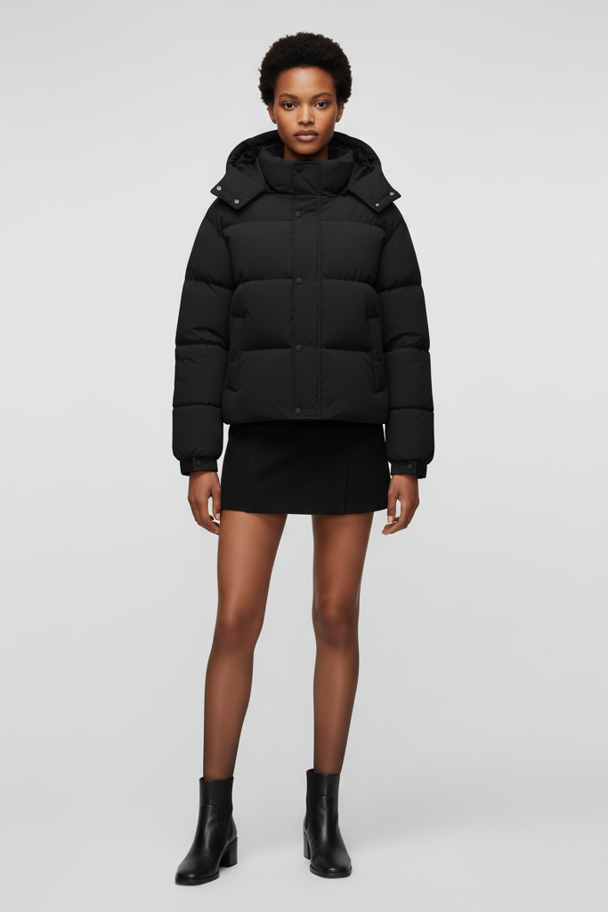 Person wearing a black puffer jacket and blue jeans, standing on stone steps.