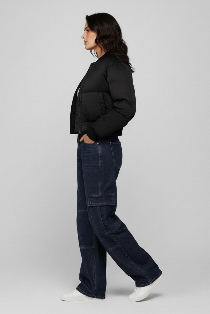 Person wearing a black puffer jacket and dark blue cargo pants on a light gray background