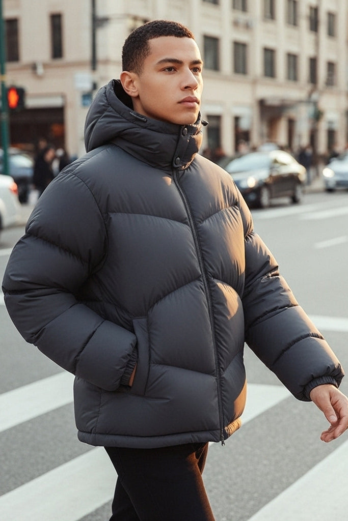 Person wearing a black puffer jacket on a city street