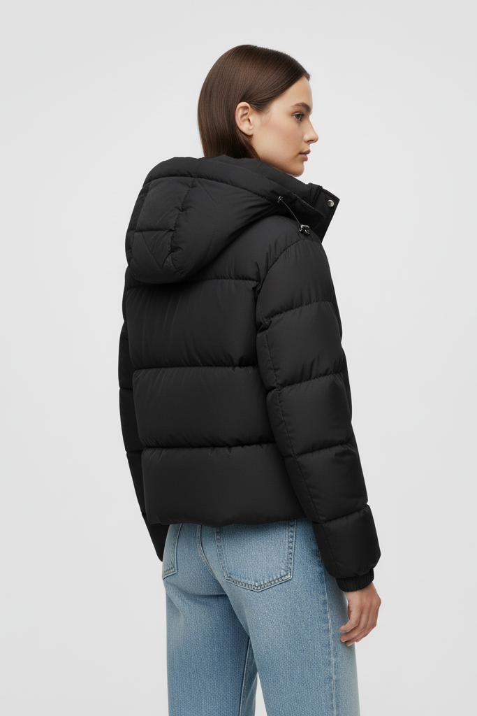 Person wearing a black puffer jacket with a neutral background