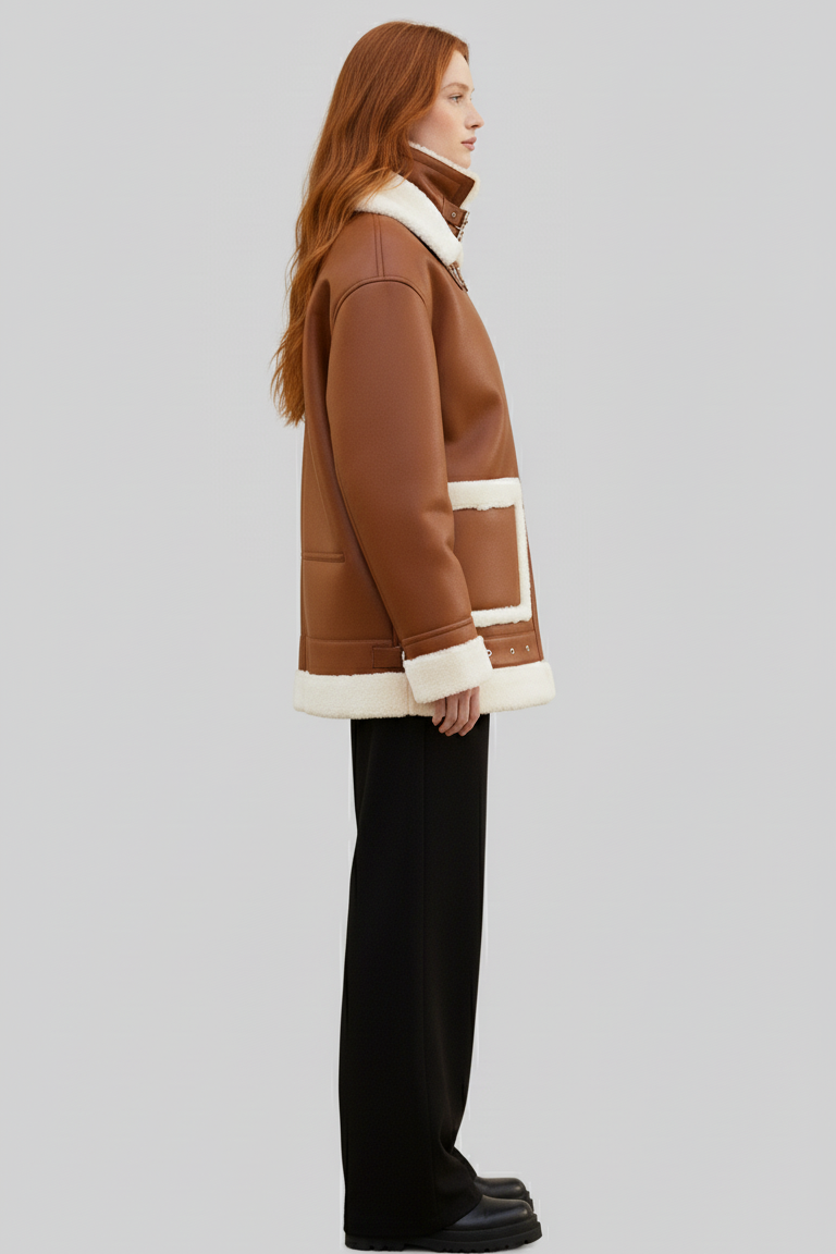 Person wearing a brown and white jacket with a plain background