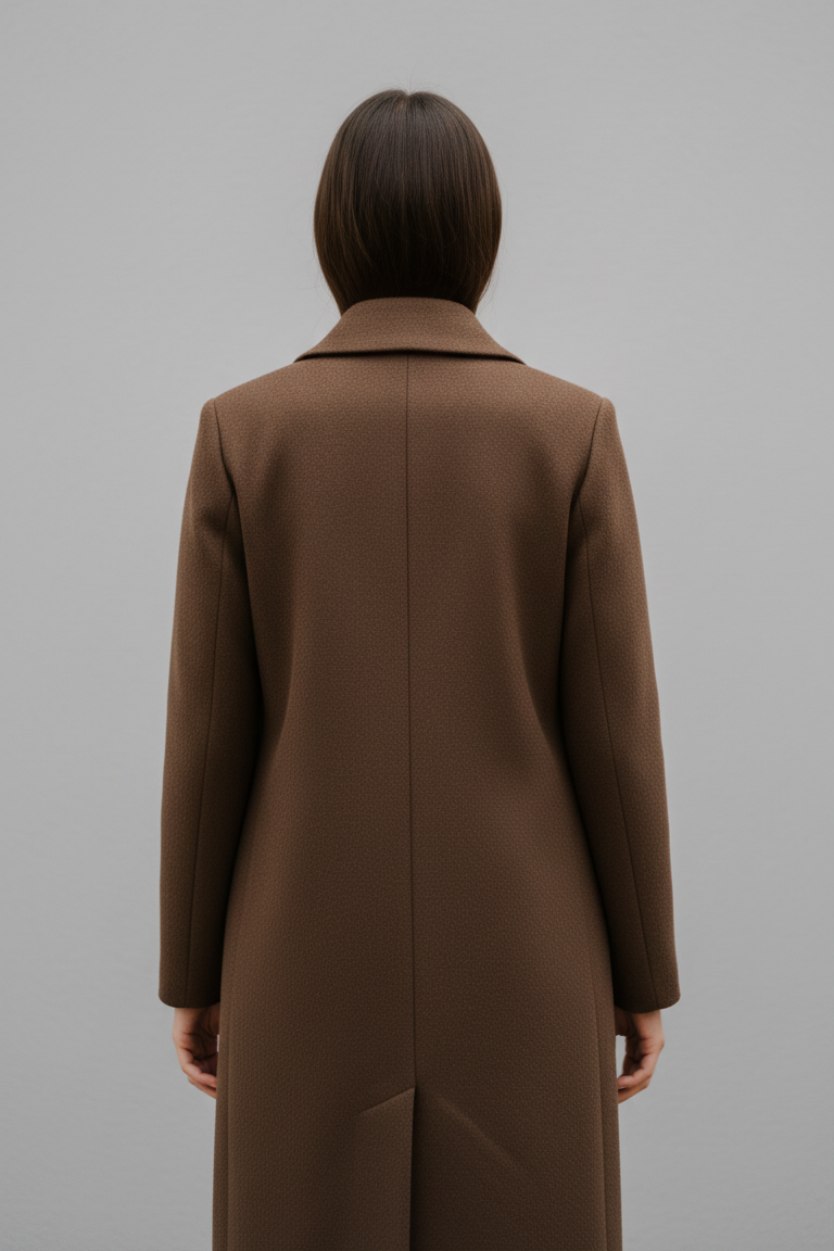 Person wearing a brown coat against a gray background