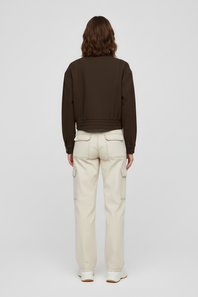 Person wearing a brown jacket and beige pants on a white background