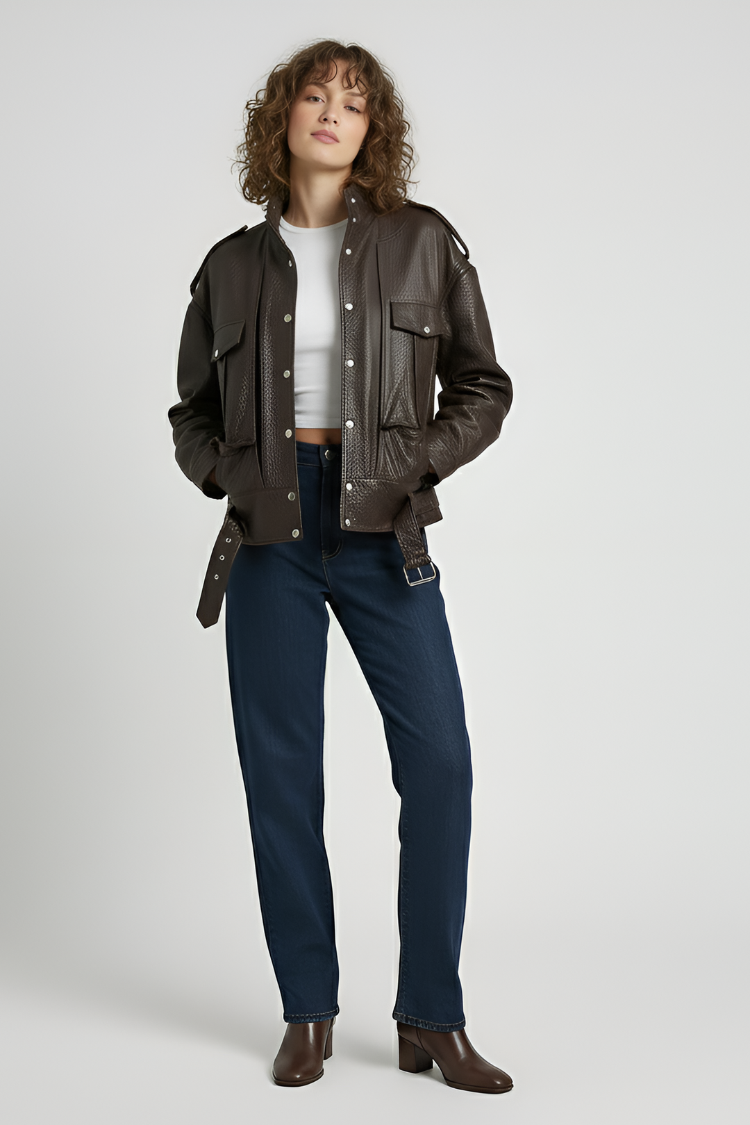 Person wearing a brown leather jacket and blue jeans on a white background
