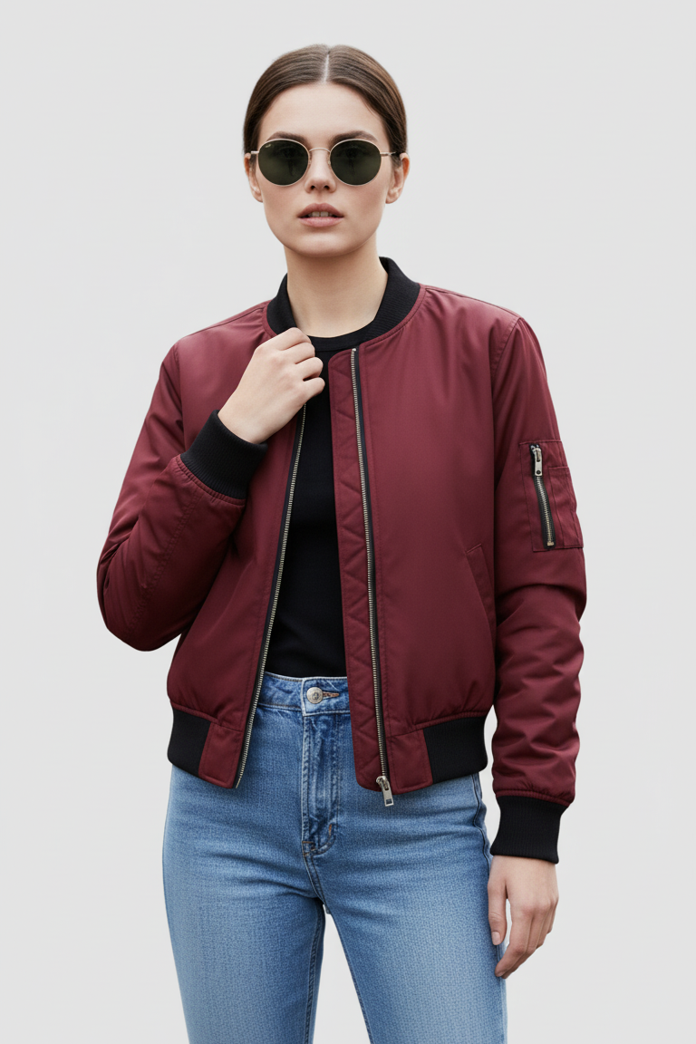 Person wearing a burgundy bomber jacket and blue jeans on a plain background