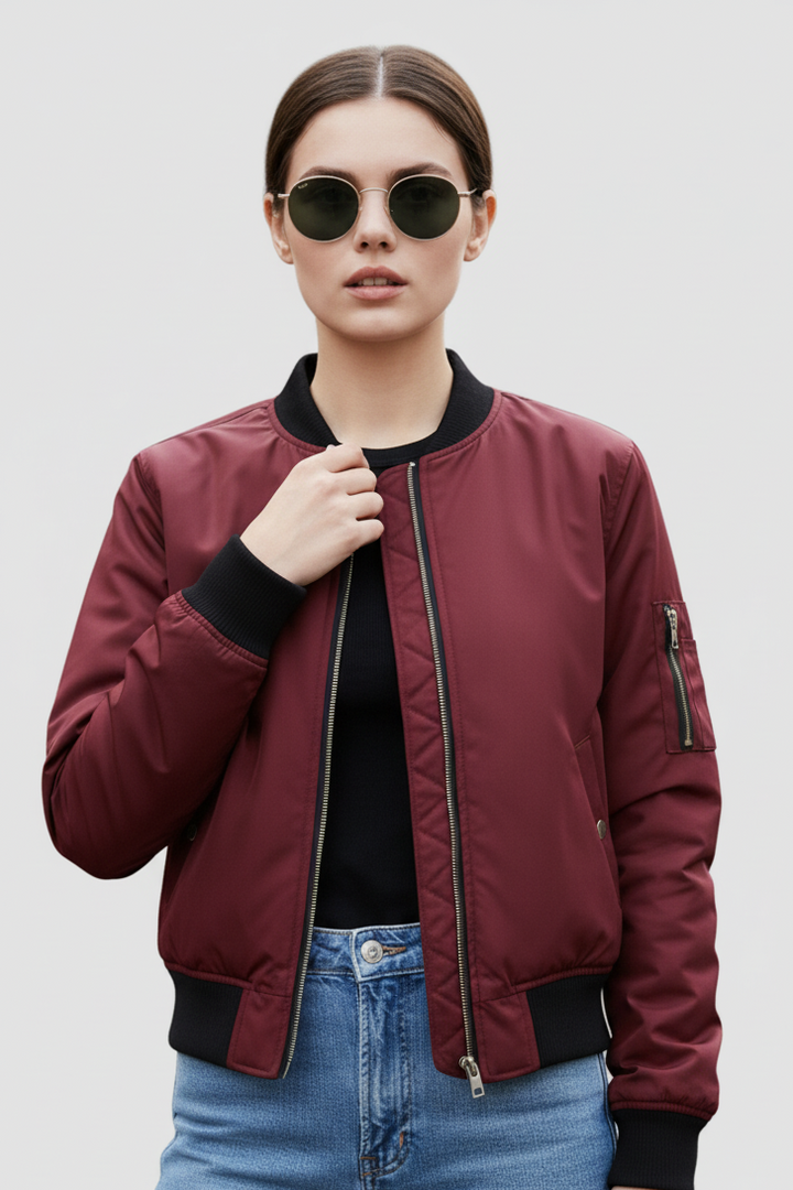 Person wearing a burgundy bomber jacket, black shirt, and blue jeans on a light gray background