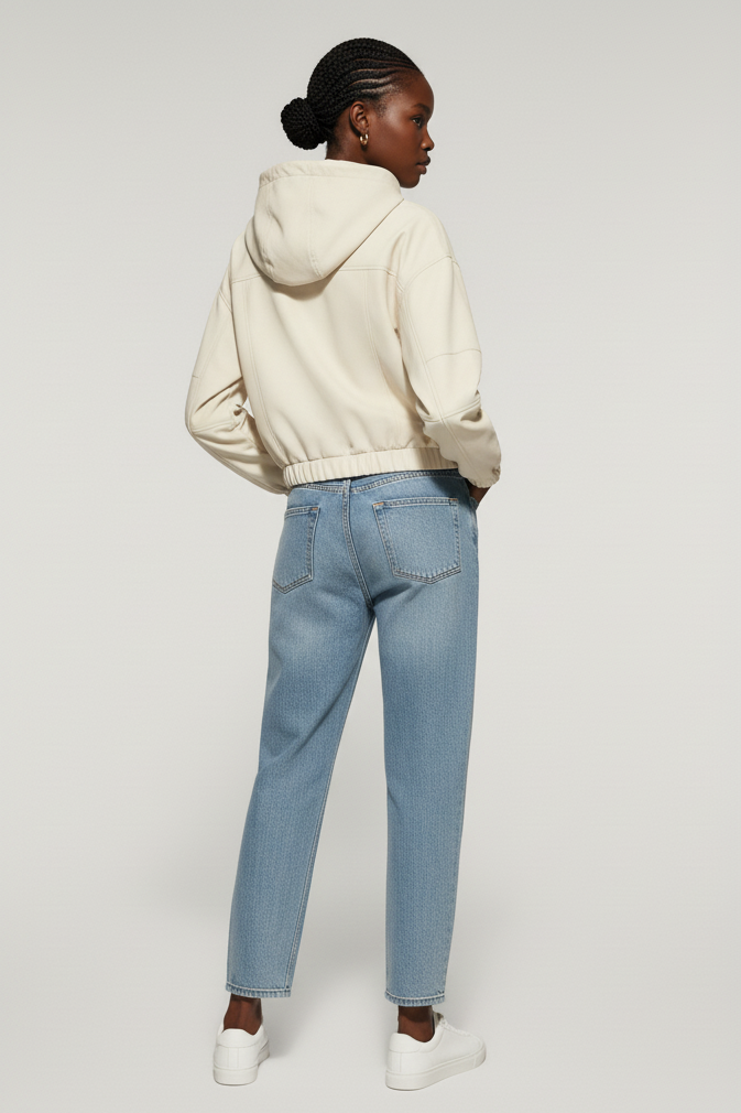 Person wearing a cream hoodie and light blue jeans on a plain background