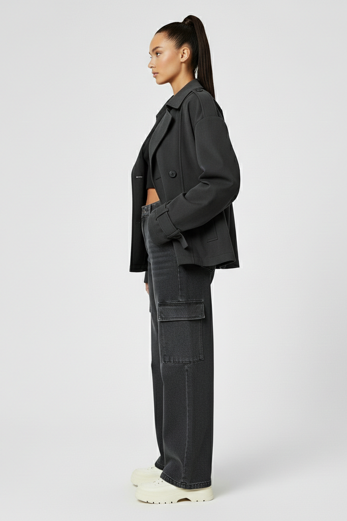 Person wearing a dark gray jacket and jeans on a white background