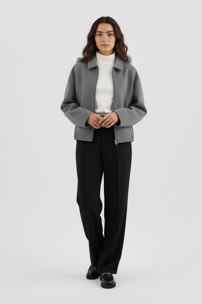 Person wearing a gray coat, white turtleneck, black pants, and black shoes on a light gray background