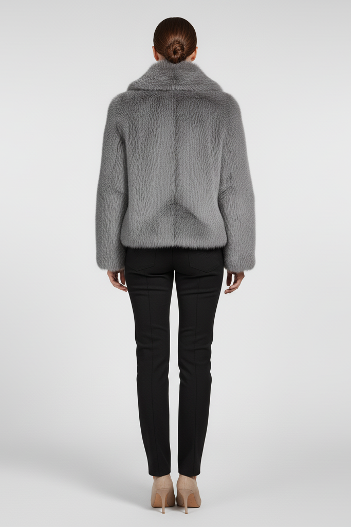 Person wearing a gray fur coat in an indoor setting