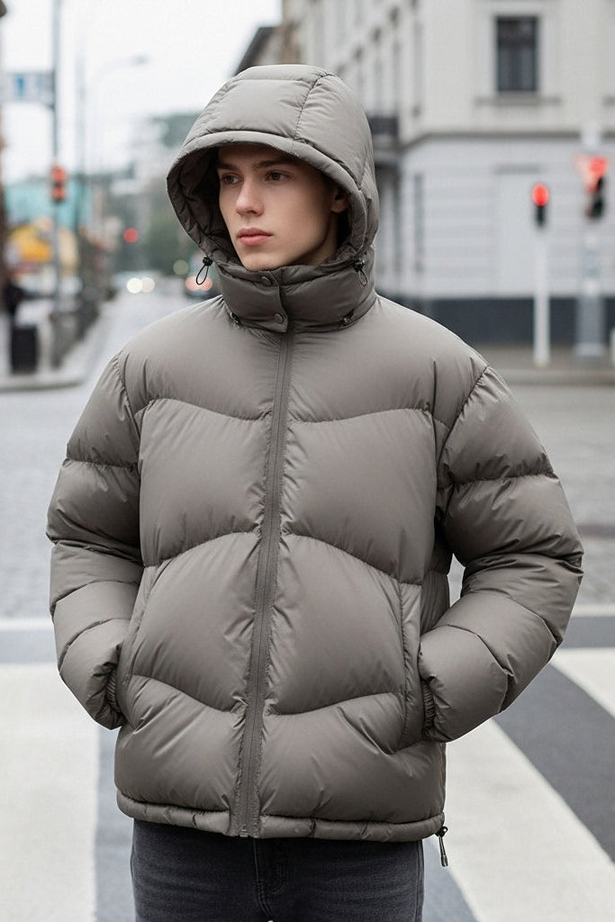 Person wearing a gray puffer jacket on an urban street