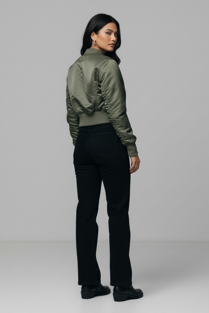 Person wearing a green bomber jacket and black pants on a gray background