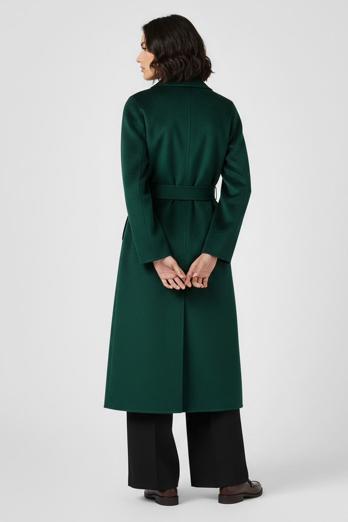 Person wearing a green coat on a white background
