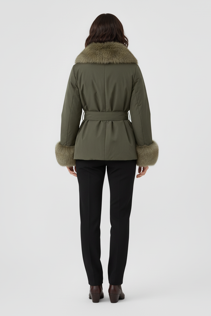 Person wearing a green coat with fur trim on a white background