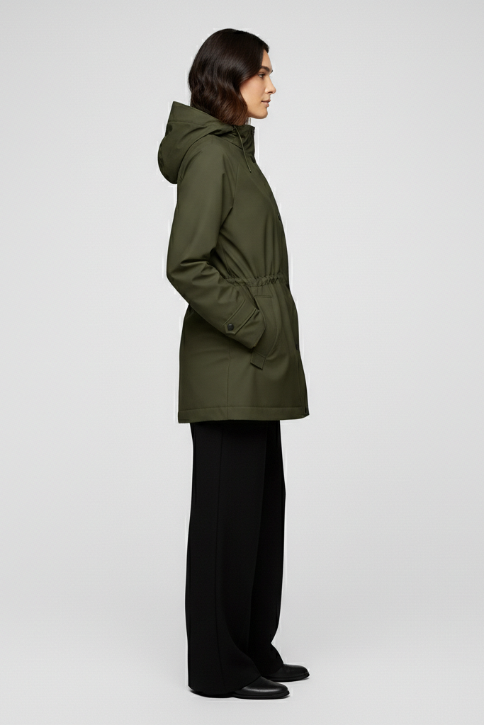 Person wearing a green hooded coat on a white background