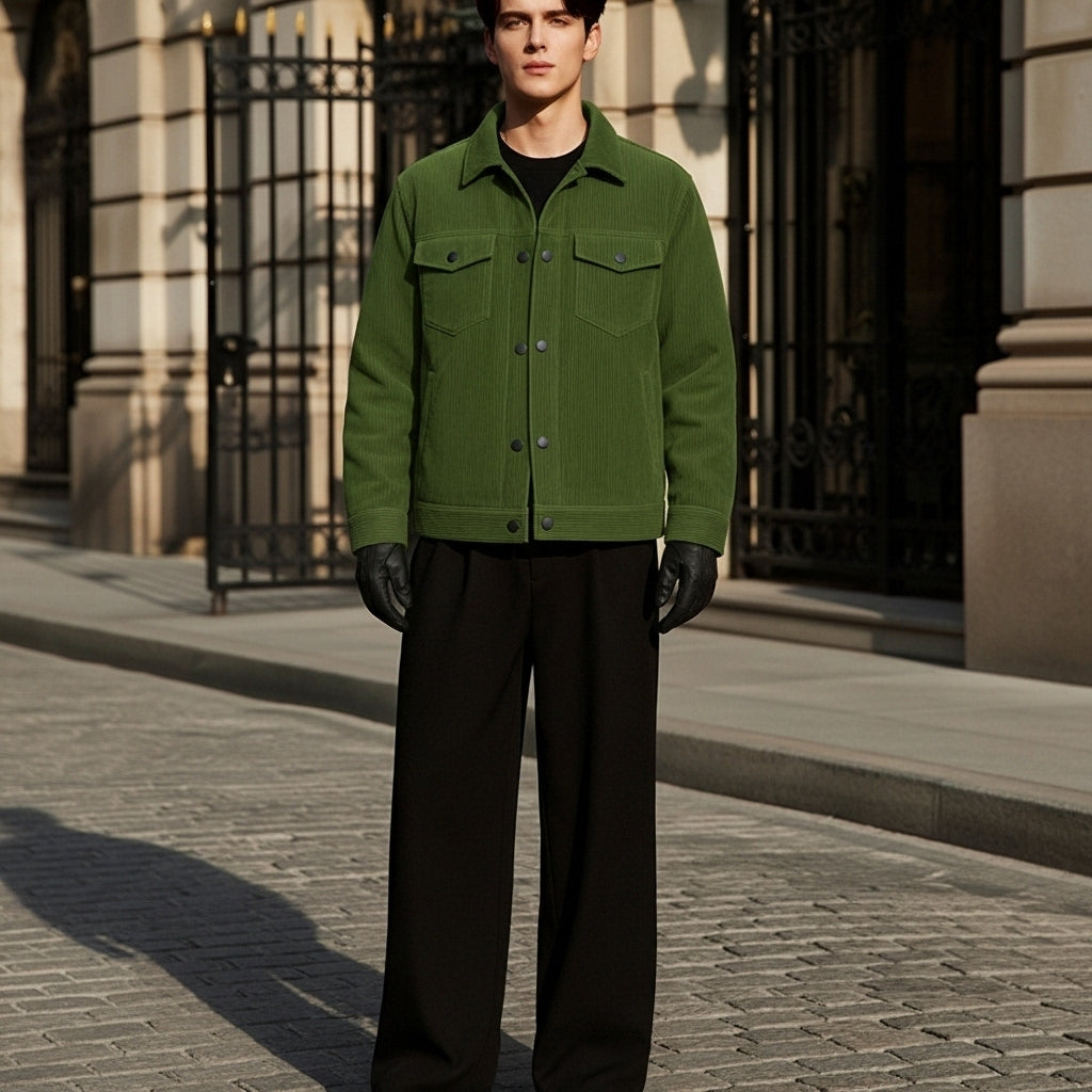 Person wearing a green jacket and black pants standing on a street.