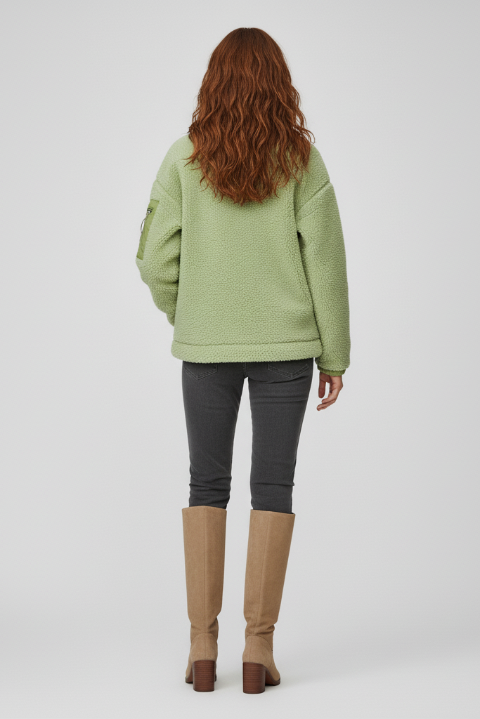 Person wearing a green jacket, gray pants, and tan boots on a light gray background