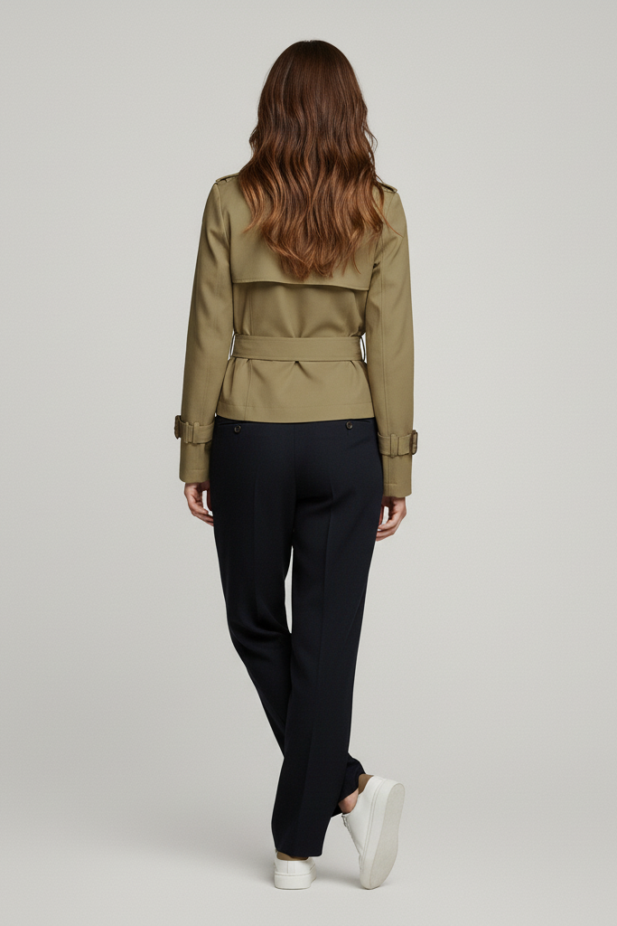 Person wearing a green jacket and black pants on a plain background