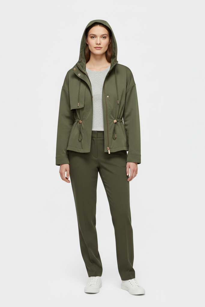 Person wearing a green jacket and pants on a white background