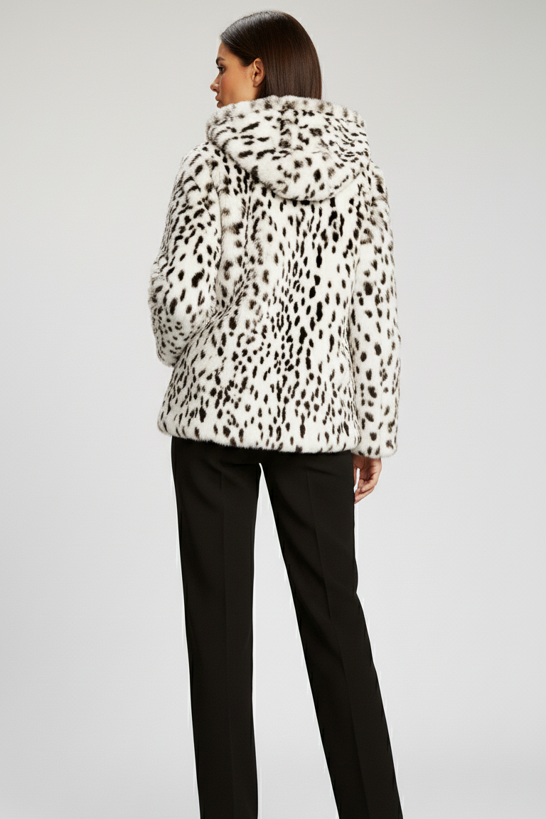 Person wearing a leopard print coat on a plain background