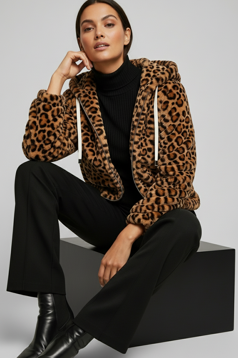 Person wearing a leopard print jacket with a plain background