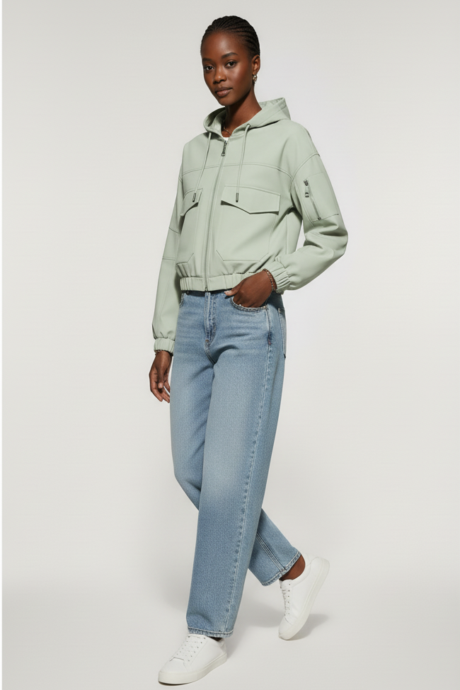 Person wearing a light green jacket, blue jeans, and white sneakers on a plain background