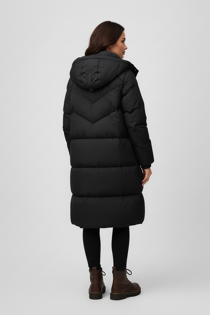 Person wearing a long black puffer coat on a light gray background